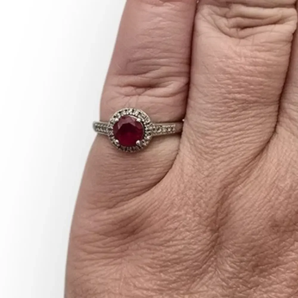 Ruby & Diamond Sterling Silver 925 Halo Ring HDS Signed Size 7